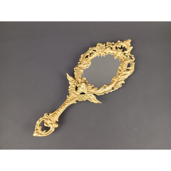 Victorian Cherub Hand Mirror With 4 Feet Highly Ornate Vintage Solid Brass - Picture 1 of 10